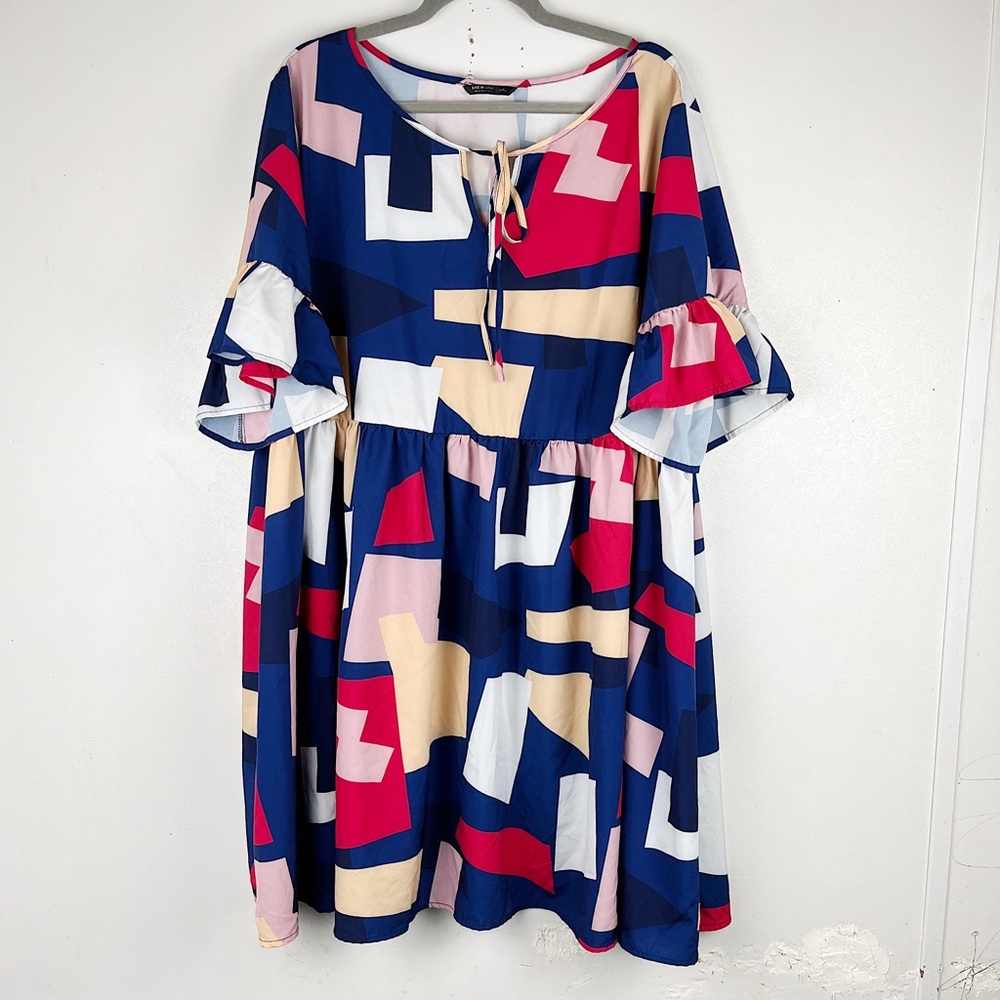 SHEIN Curve Sheath Dress Geometric Print Short Sleeve 4X Multicolored Tie Neck